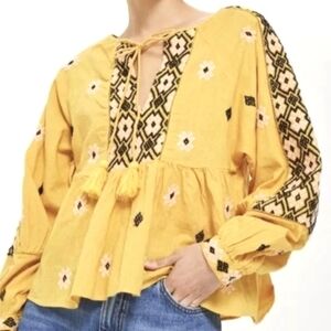 Topshop Yellow Embroidered Top Long Sleeve Boho Gypsy Hippie NWOT